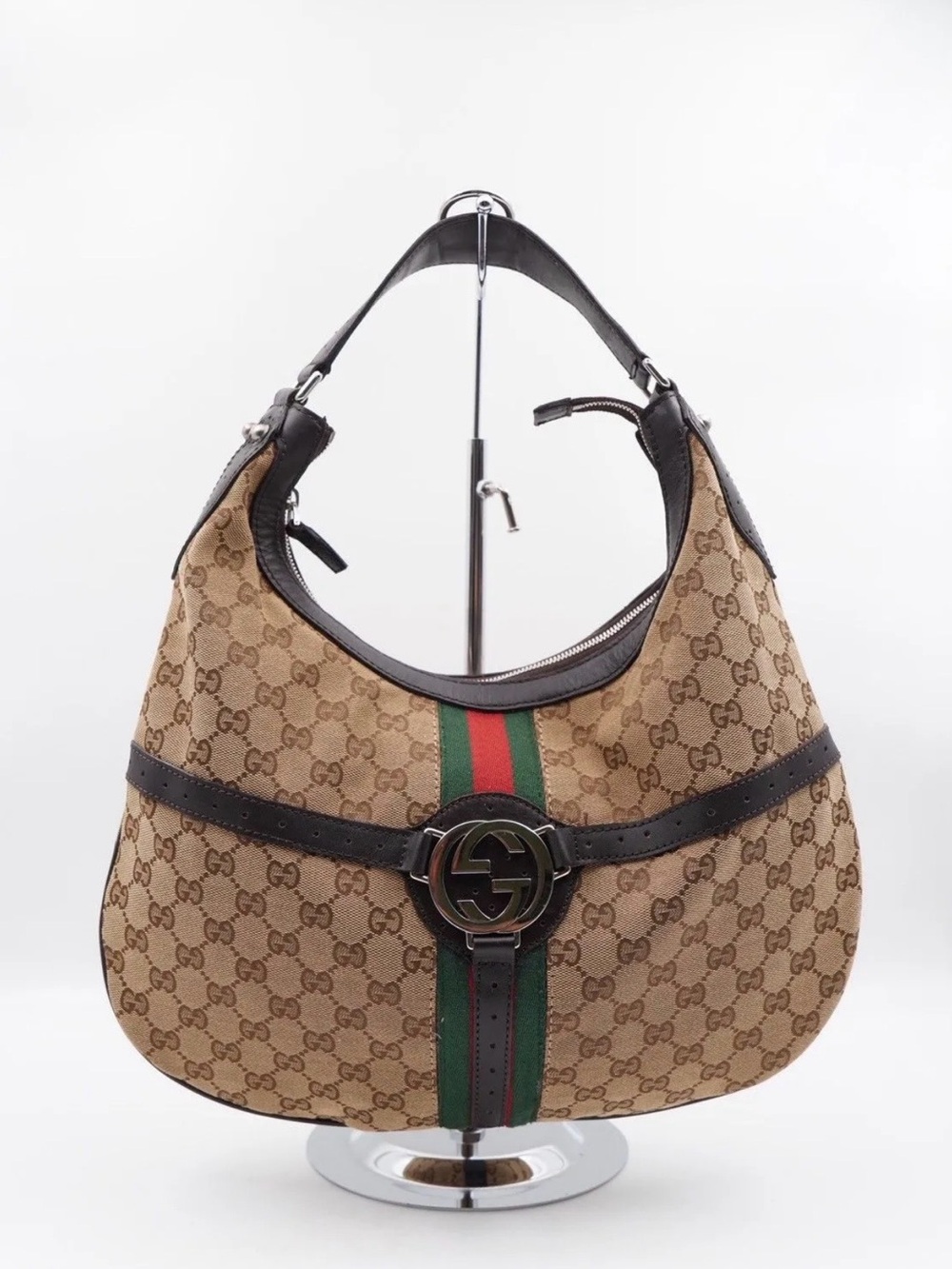 Gucci Beige GG Canvas Hobo with Green and Red Web Stripe